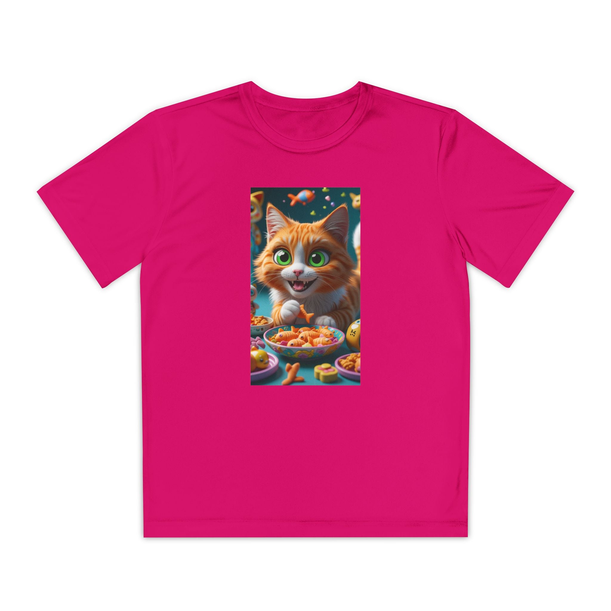 Youth Competitor Tee - Cat eating goldfish crackers, Kids T-shirt, Children's shirt, Funny animal graphic tee, Cat lover gift, Kids fashion