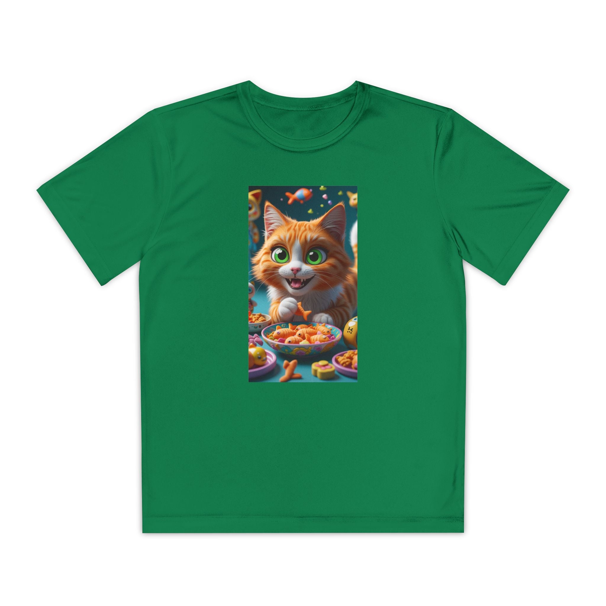 Youth Competitor Tee - Cat eating goldfish crackers, Kids T-shirt, Children's shirt, Funny animal graphic tee, Cat lover gift, Kids fashion