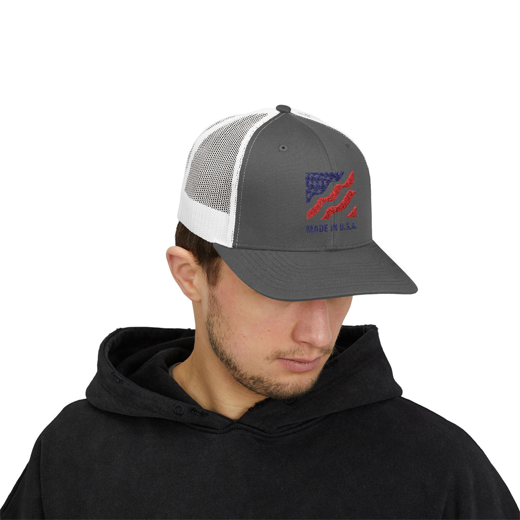 Made In The USA Snapback Trucker Cap with Thin Red Line Design, Ideal for First Responders, Supportive Gifts, Memorials, Everyday Wear