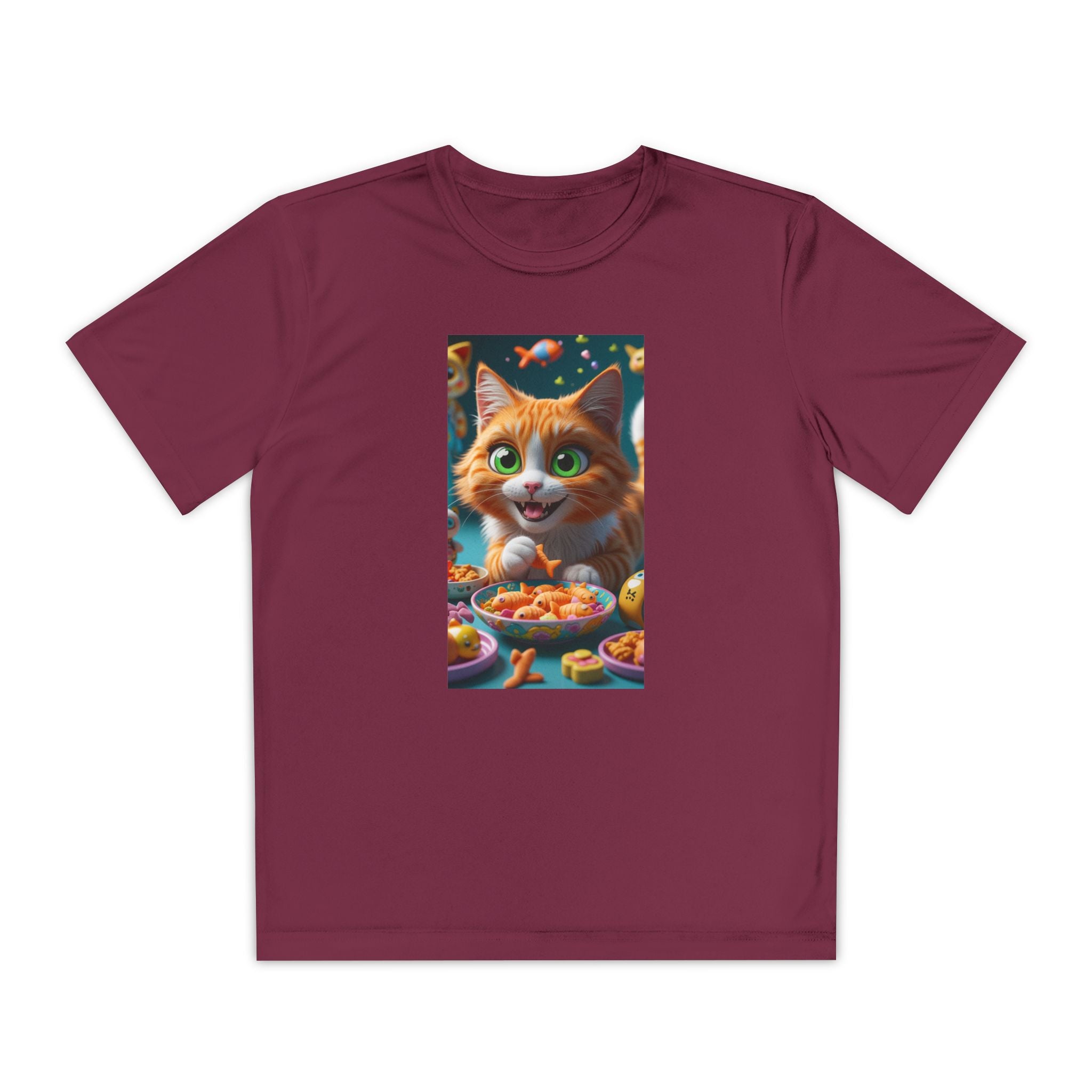 Youth Competitor Tee - Cat eating goldfish crackers, Kids T-shirt, Children's shirt, Funny animal graphic tee, Cat lover gift, Kids fashion