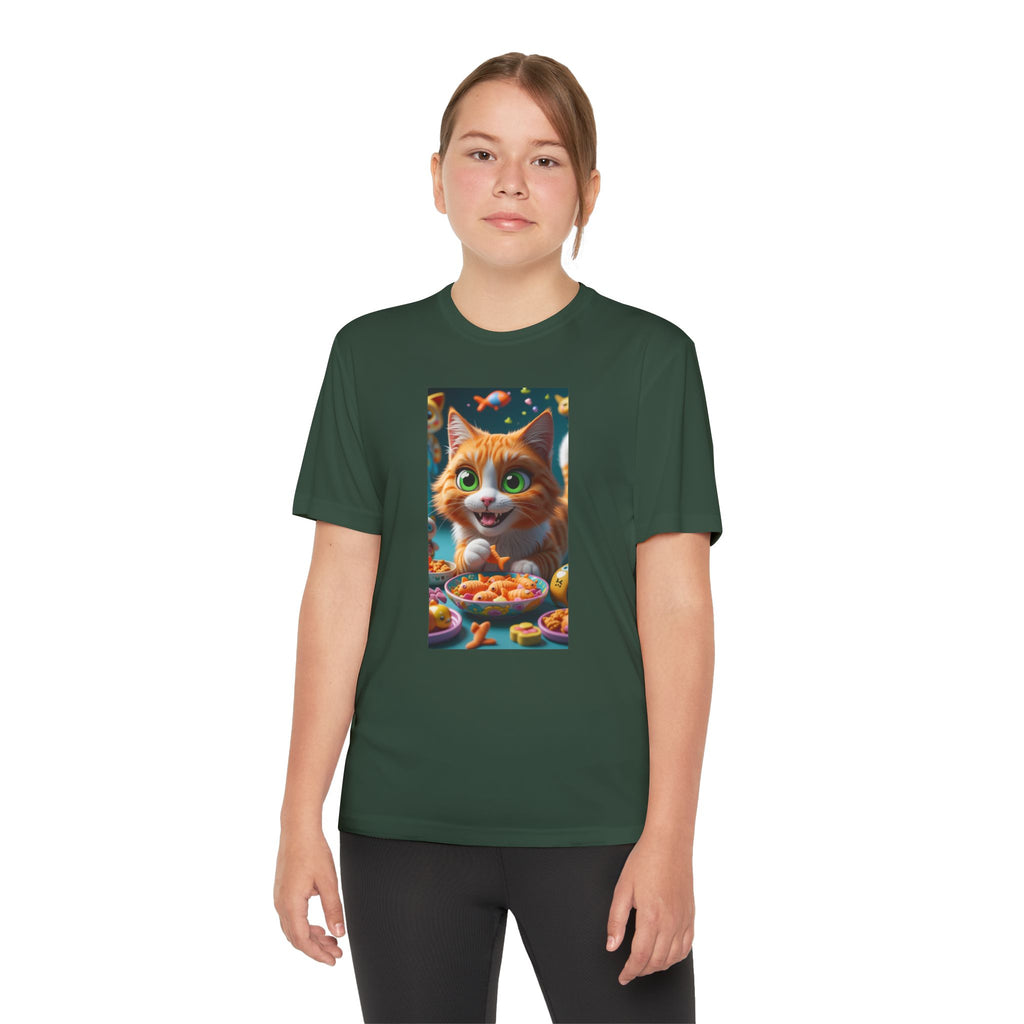 Youth Competitor Tee - Cat eating goldfish crackers, Kids T-shirt, Children's shirt, Funny animal graphic tee, Cat lover gift, Kids fashion
