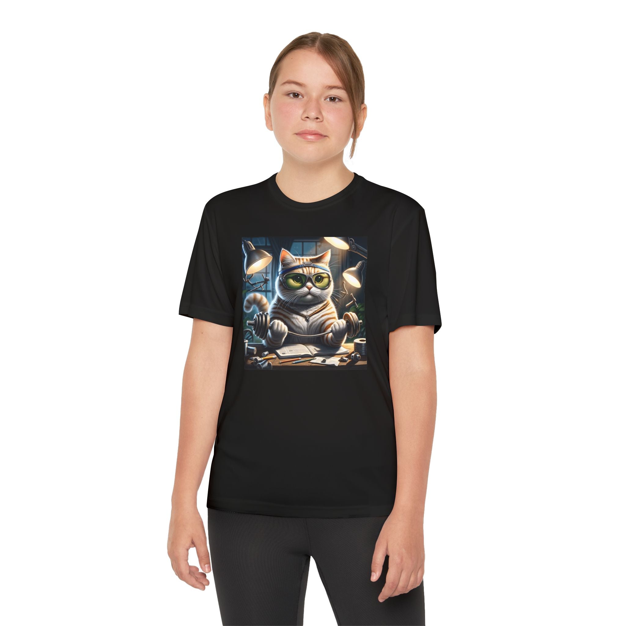 Workout Cat Youth Tee, Kids Fitness Shirt, Exercise Kitten T-Shirt, Gym Cat Top, Athletic Feline Clothing, Sporty Kitty Apparel