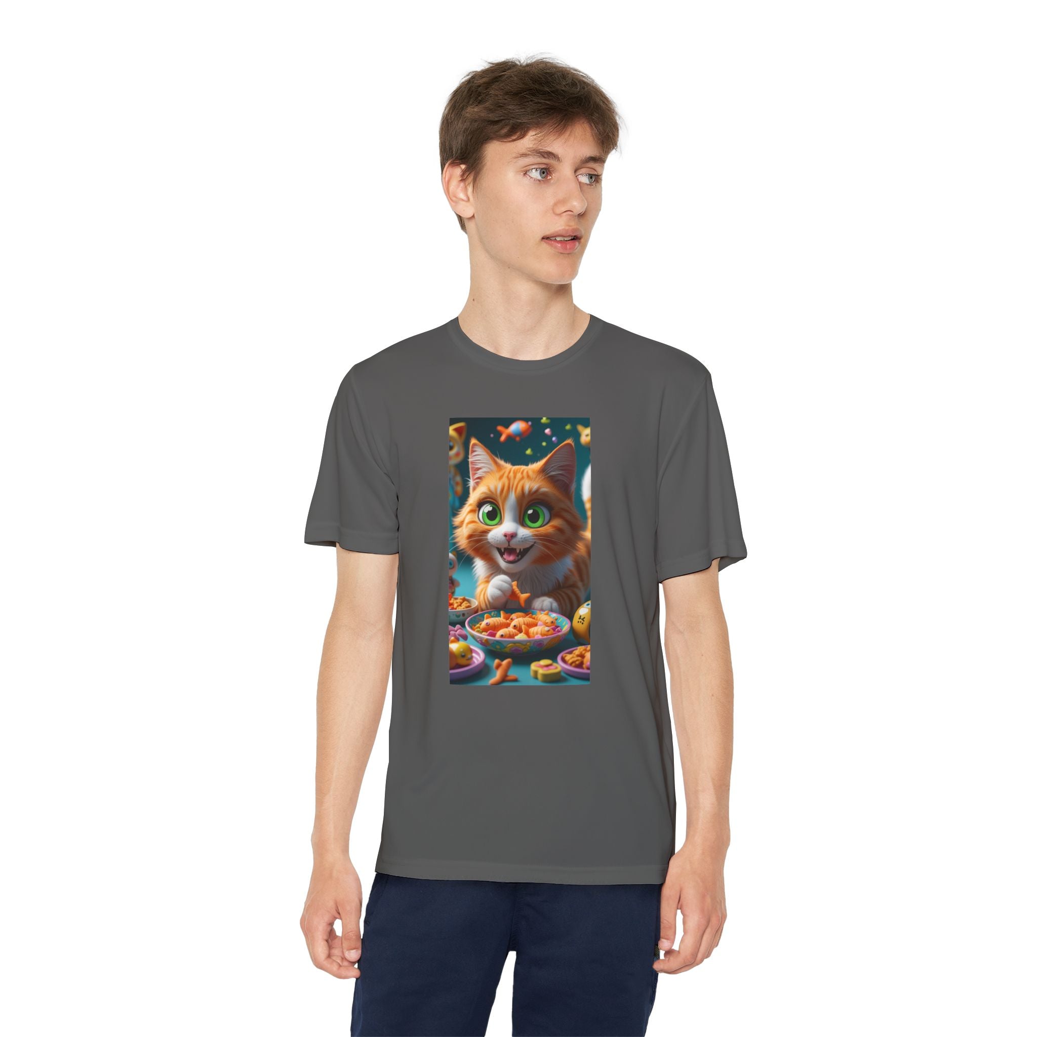 Youth Competitor Tee - Cat eating goldfish crackers, Kids T-shirt, Children's shirt, Funny animal graphic tee, Cat lover gift, Kids fashion