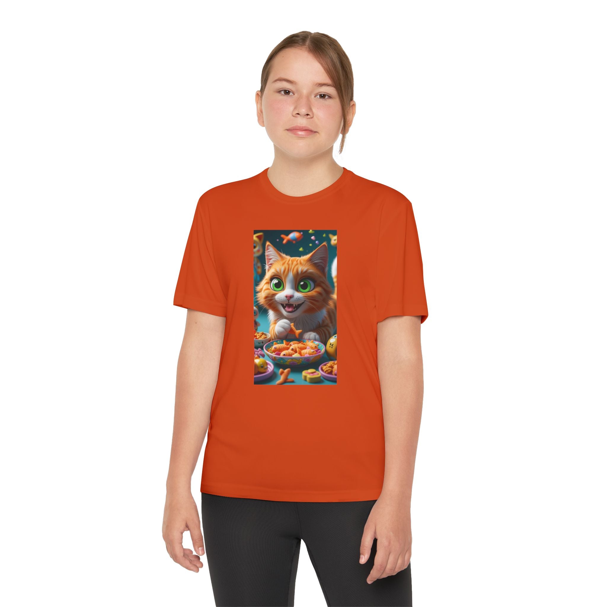 Youth Competitor Tee - Cat eating goldfish crackers, Kids T-shirt, Children's shirt, Funny animal graphic tee, Cat lover gift, Kids fashion