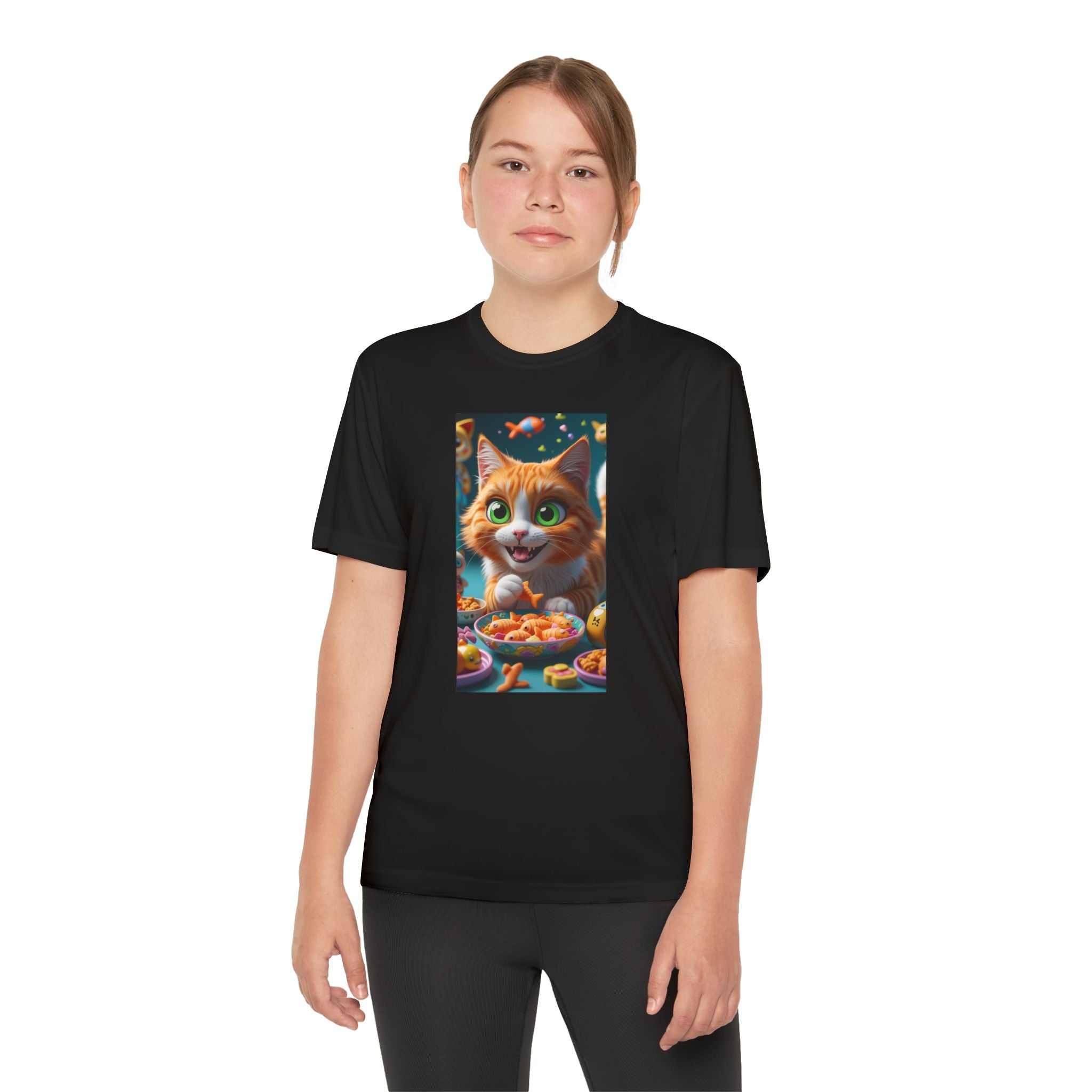 Youth Competitor Tee - Cat eating goldfish crackers, Kids T-shirt, Children's shirt, Funny animal graphic tee, Cat lover gift, Kids fashion