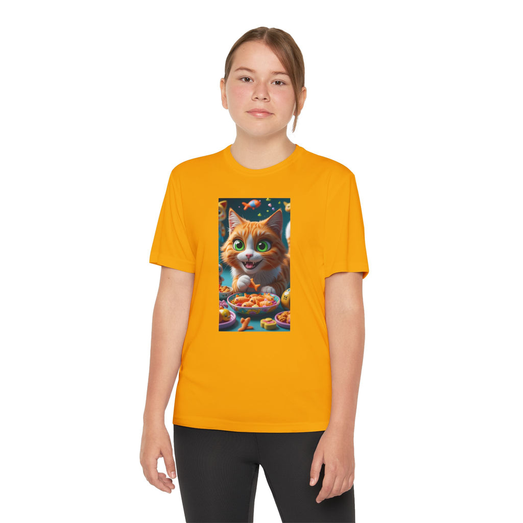 Youth Competitor Tee - Cat eating goldfish crackers, Kids T-shirt, Children's shirt, Funny animal graphic tee, Cat lover gift, Kids fashion