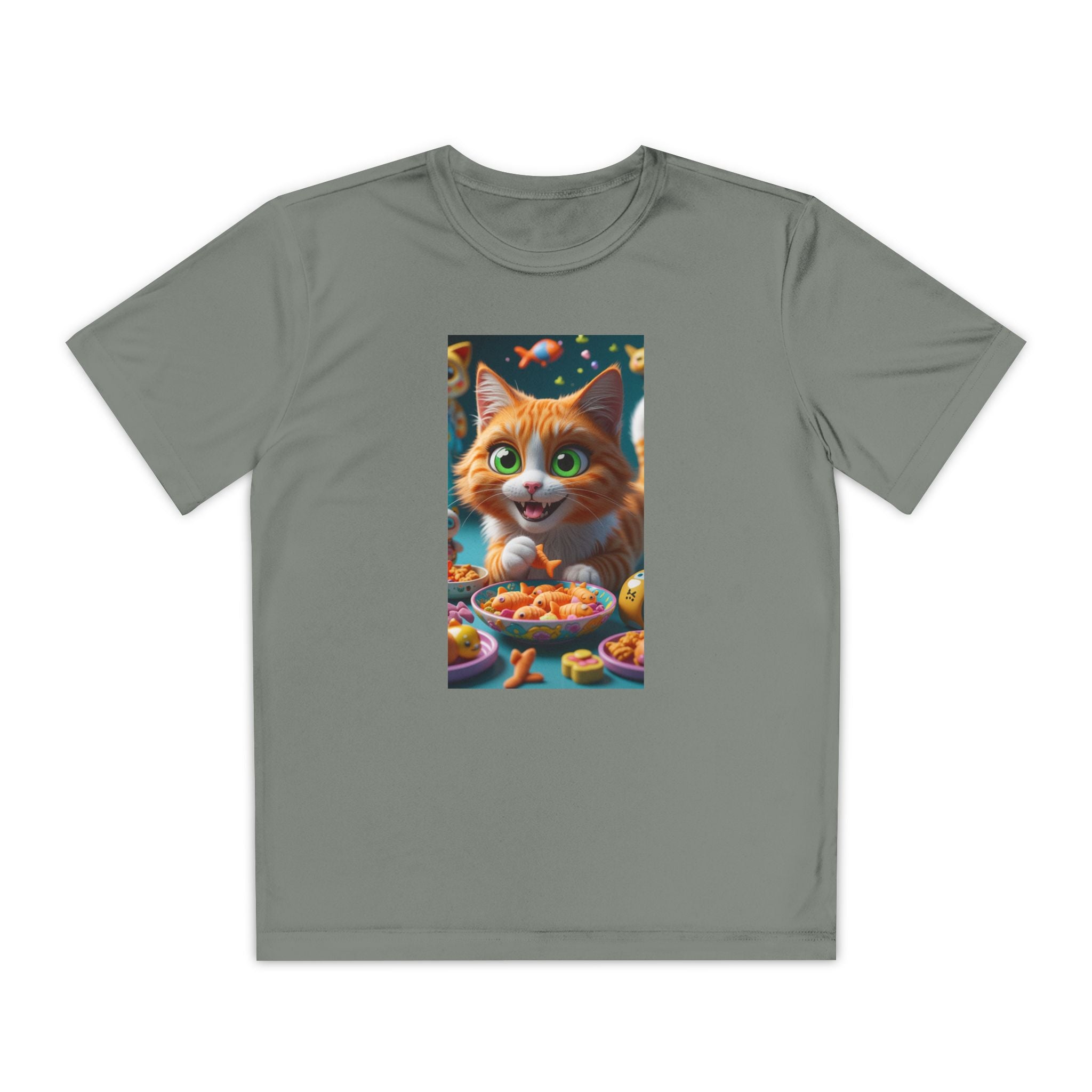 Youth Competitor Tee - Cat eating goldfish crackers, Kids T-shirt, Children's shirt, Funny animal graphic tee, Cat lover gift, Kids fashion