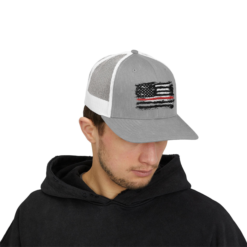 Thin Red Line Patriotic Snapback Trucker Cap with Thin Red Line Design, Ideal for First Responders, Supportive Gifts, Everyday Wear