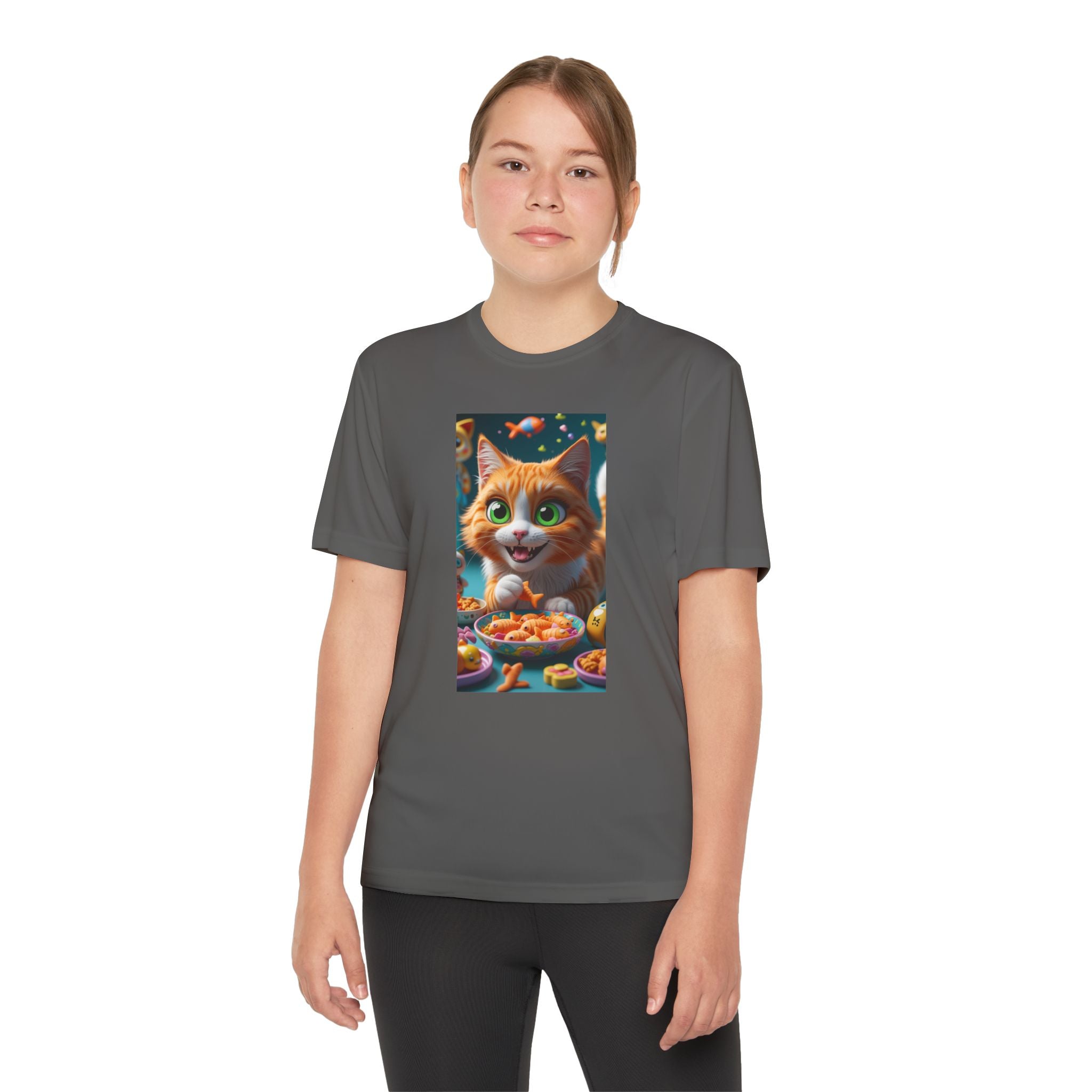 Youth Competitor Tee - Cat eating goldfish crackers, Kids T-shirt, Children's shirt, Funny animal graphic tee, Cat lover gift, Kids fashion