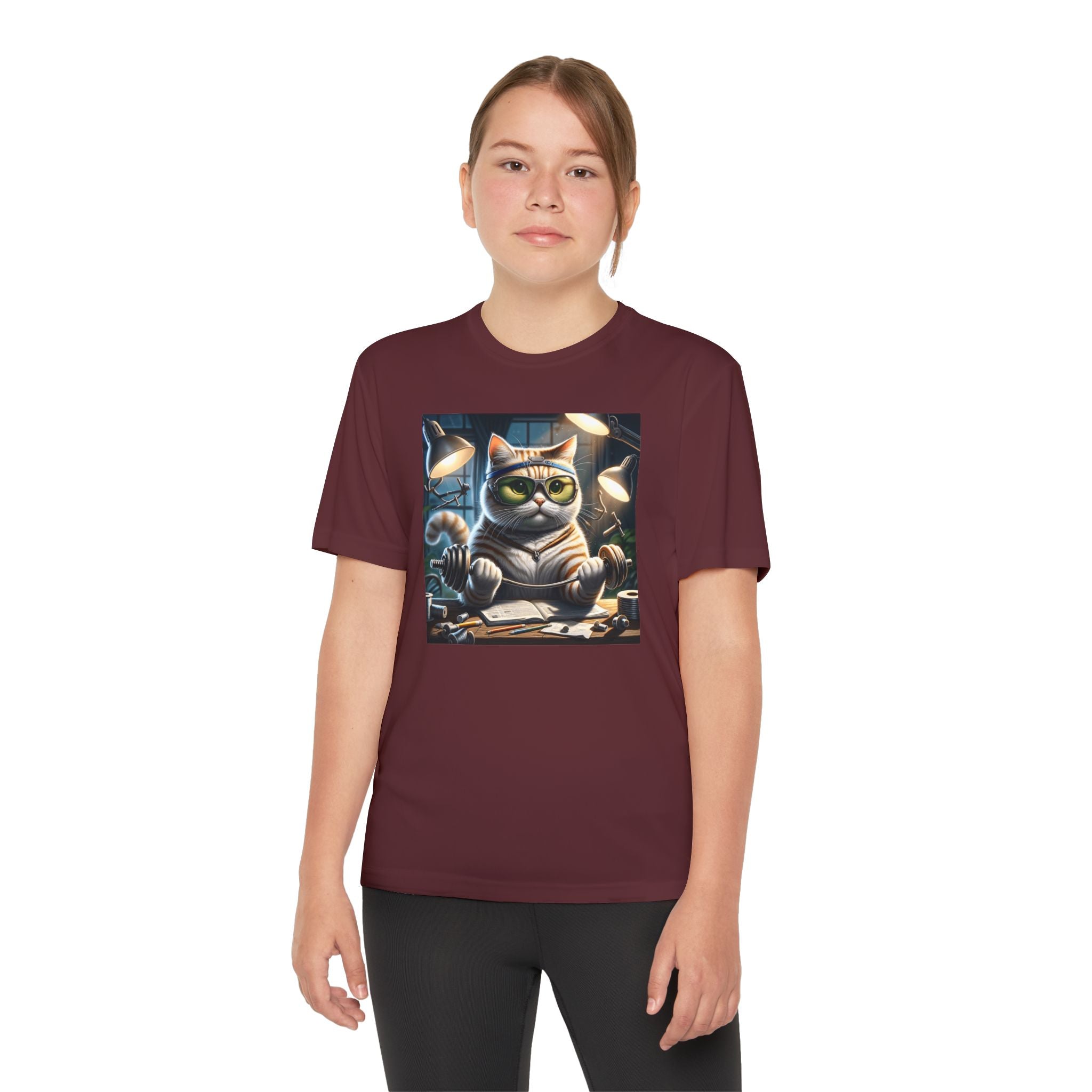 Workout Cat Youth Tee, Kids Fitness Shirt, Exercise Kitten T-Shirt, Gym Cat Top, Athletic Feline Clothing, Sporty Kitty Apparel