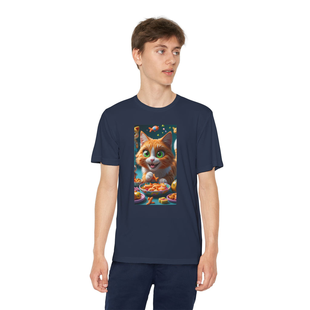 Youth Competitor Tee - Cat eating goldfish crackers, Kids T-shirt, Children's shirt, Funny animal graphic tee, Cat lover gift, Kids fashion
