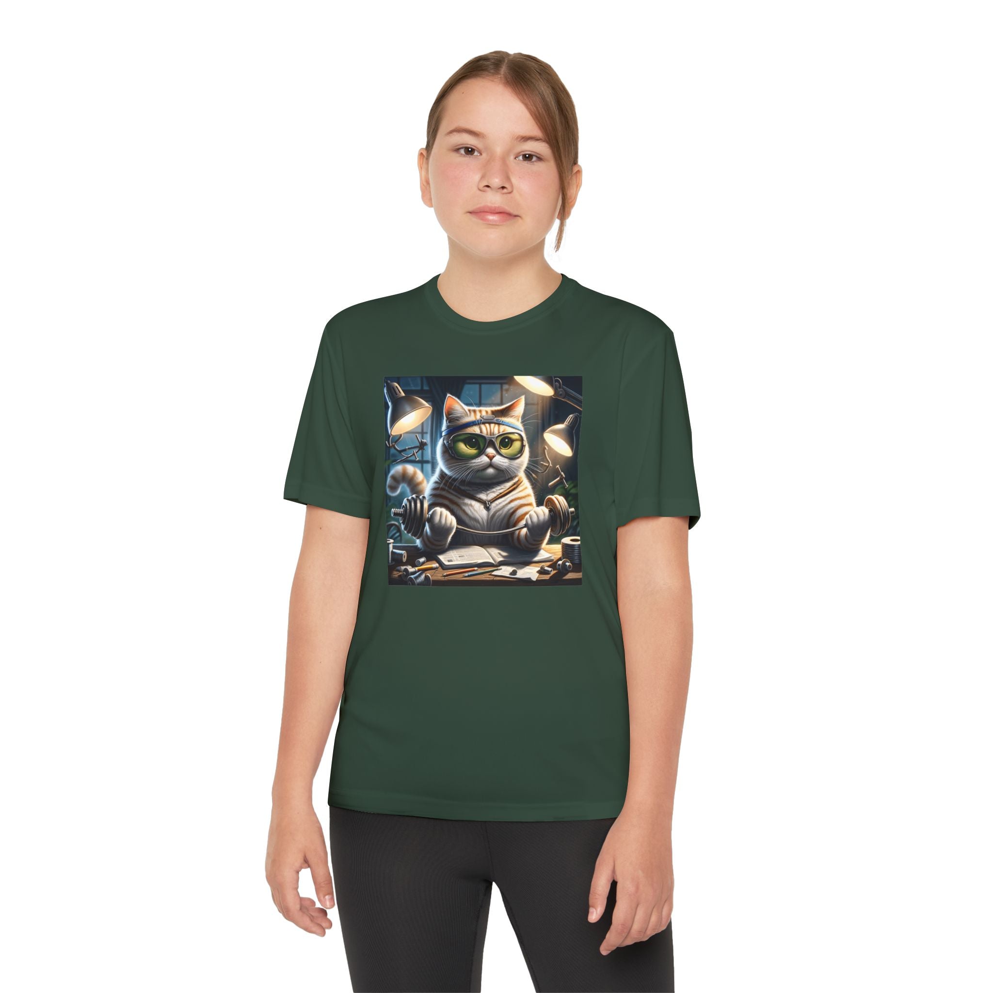 Workout Cat Youth Tee, Kids Fitness Shirt, Exercise Kitten T-Shirt, Gym Cat Top, Athletic Feline Clothing, Sporty Kitty Apparel