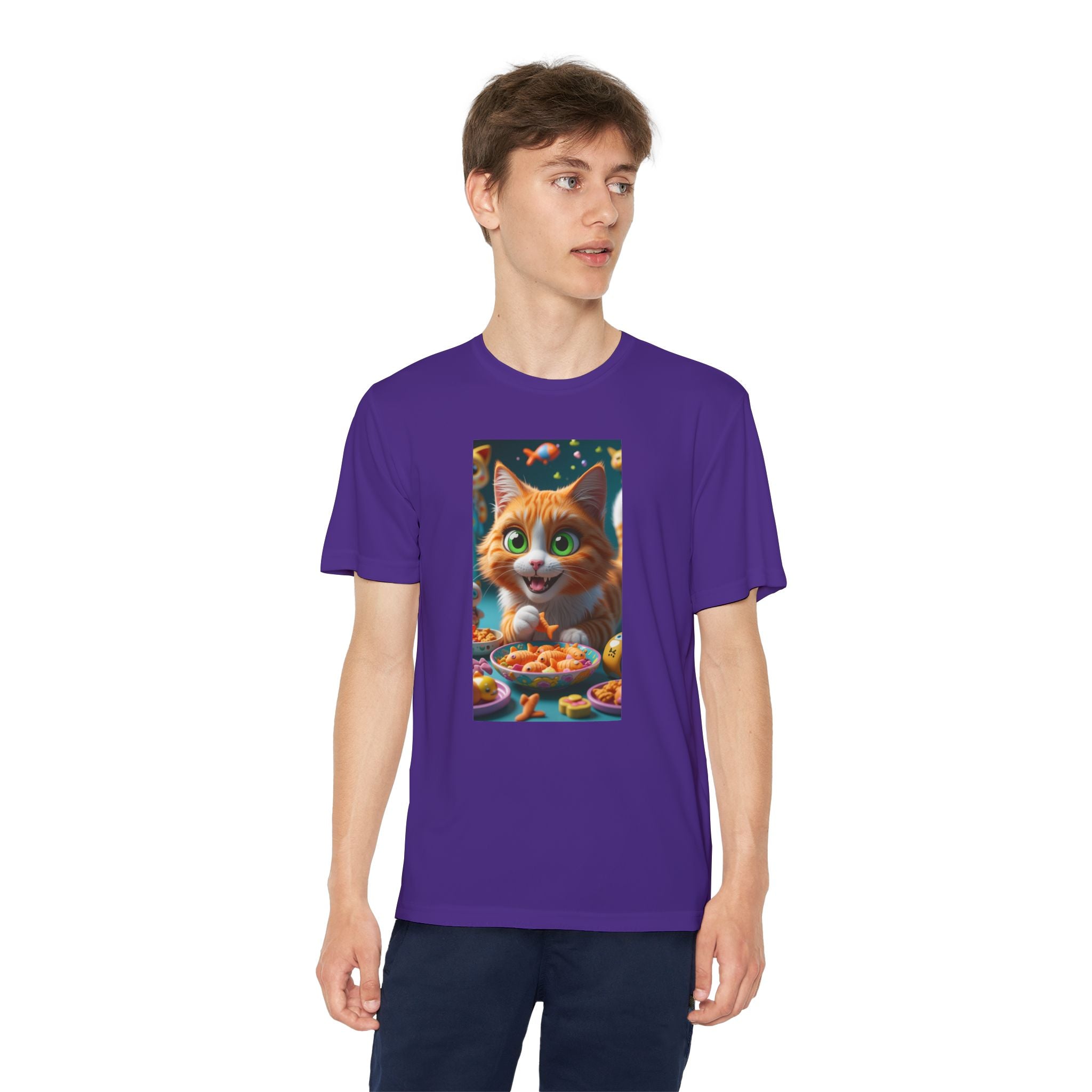 Youth Competitor Tee - Cat eating goldfish crackers, Kids T-shirt, Children's shirt, Funny animal graphic tee, Cat lover gift, Kids fashion