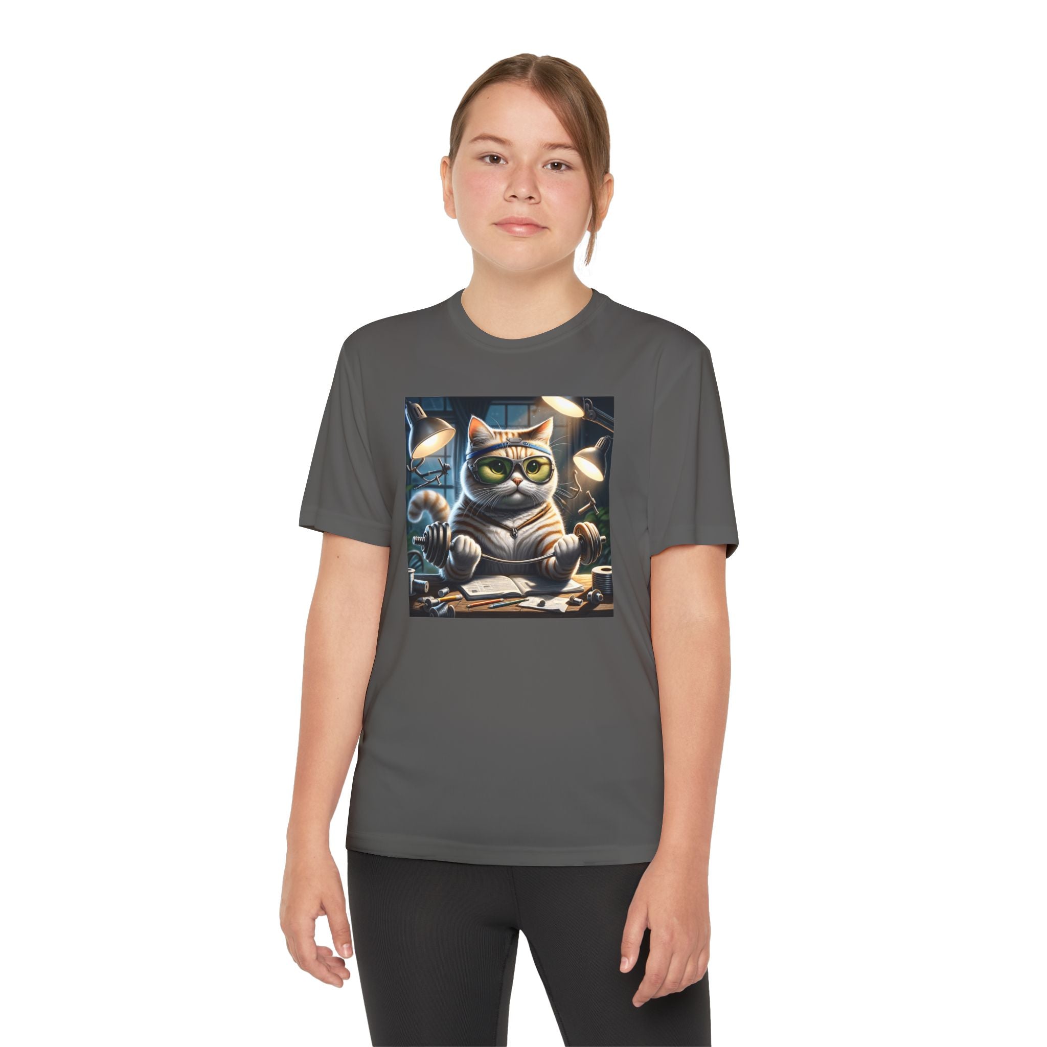 Workout Cat Youth Tee, Kids Fitness Shirt, Exercise Kitten T-Shirt, Gym Cat Top, Athletic Feline Clothing, Sporty Kitty Apparel