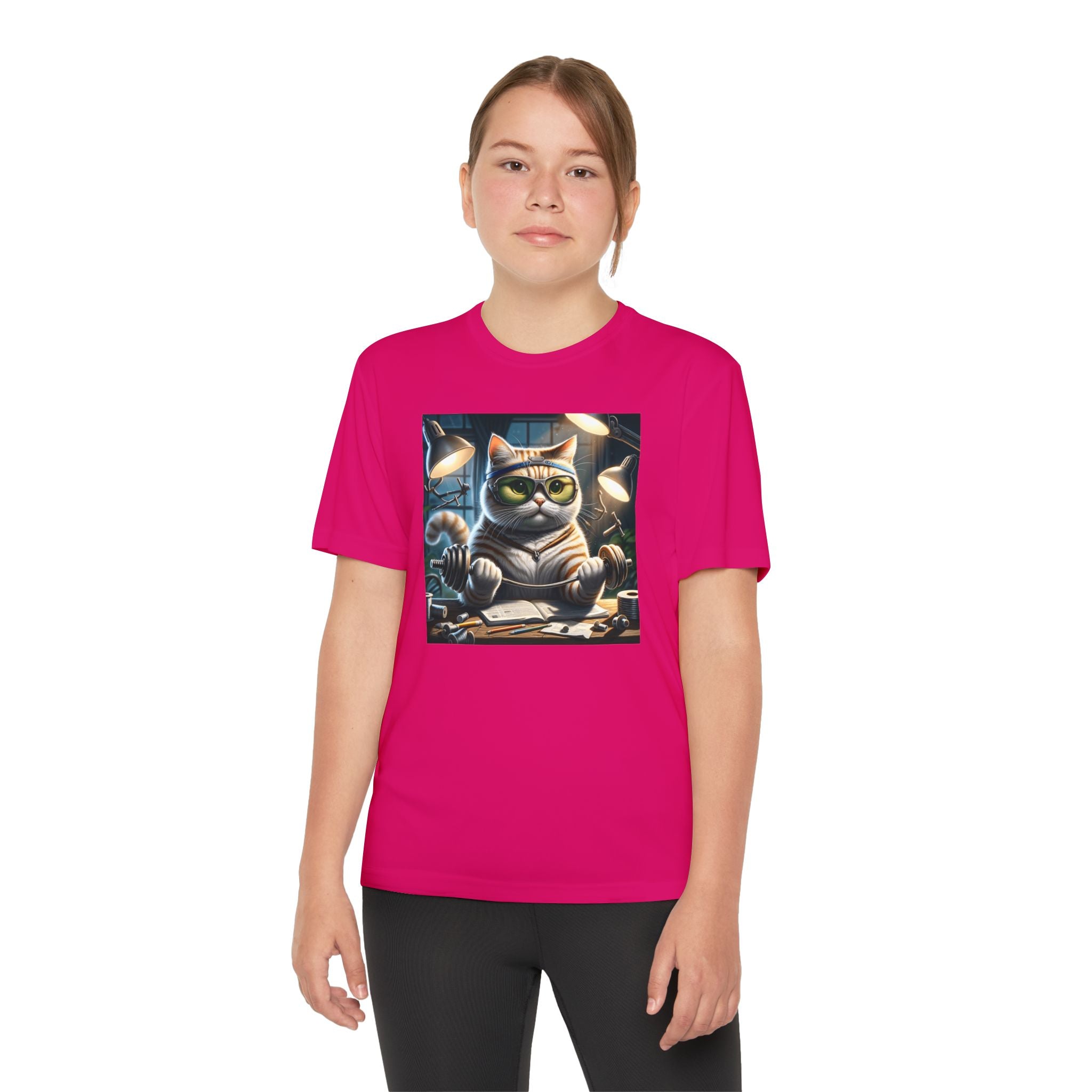 Workout Cat Youth Tee, Kids Fitness Shirt, Exercise Kitten T-Shirt, Gym Cat Top, Athletic Feline Clothing, Sporty Kitty Apparel