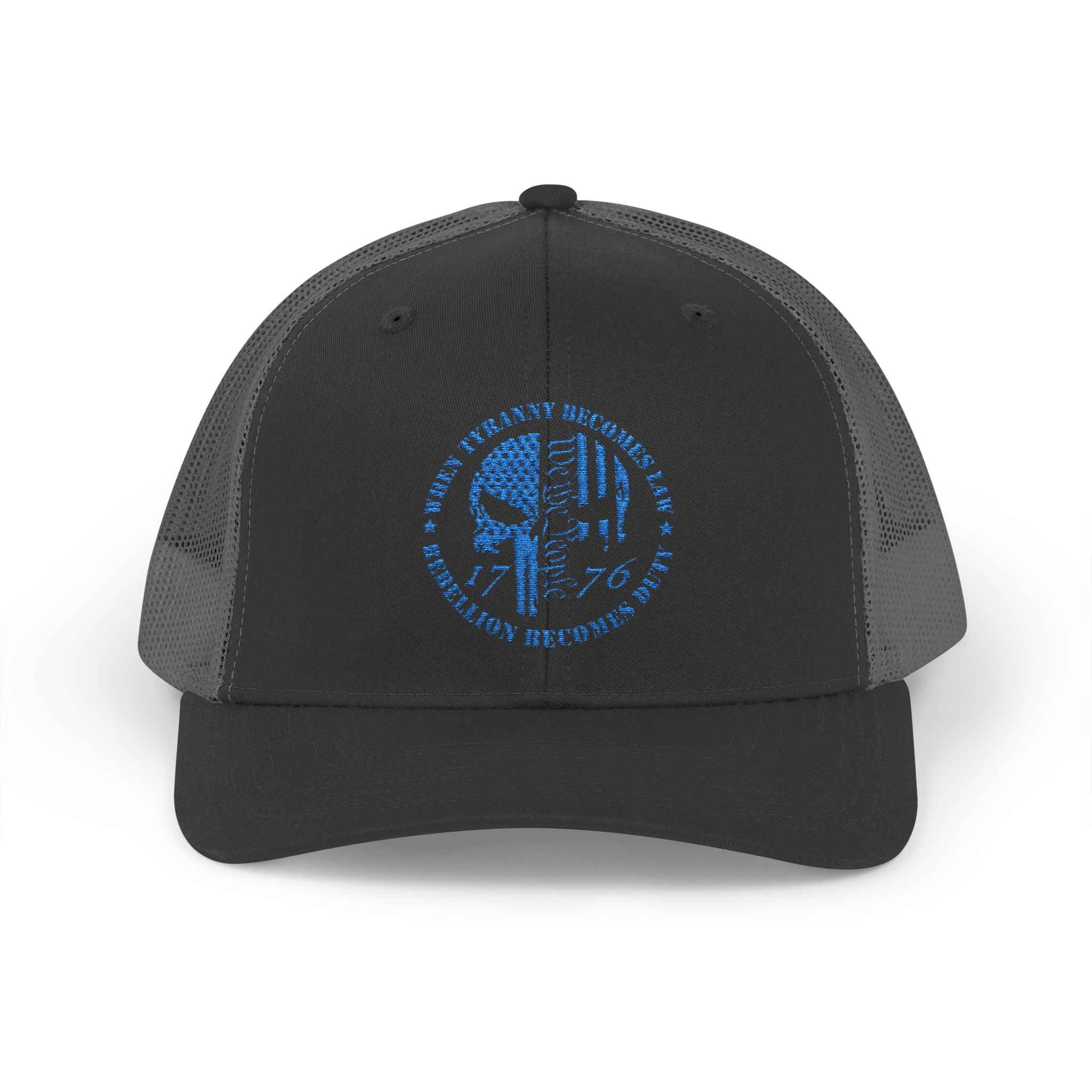 1776 Punisher Snapback Trucker Cap with Thin Red Line Design, Ideal for First Responders, Supportive Gifts, Memorials, Everyday Wear