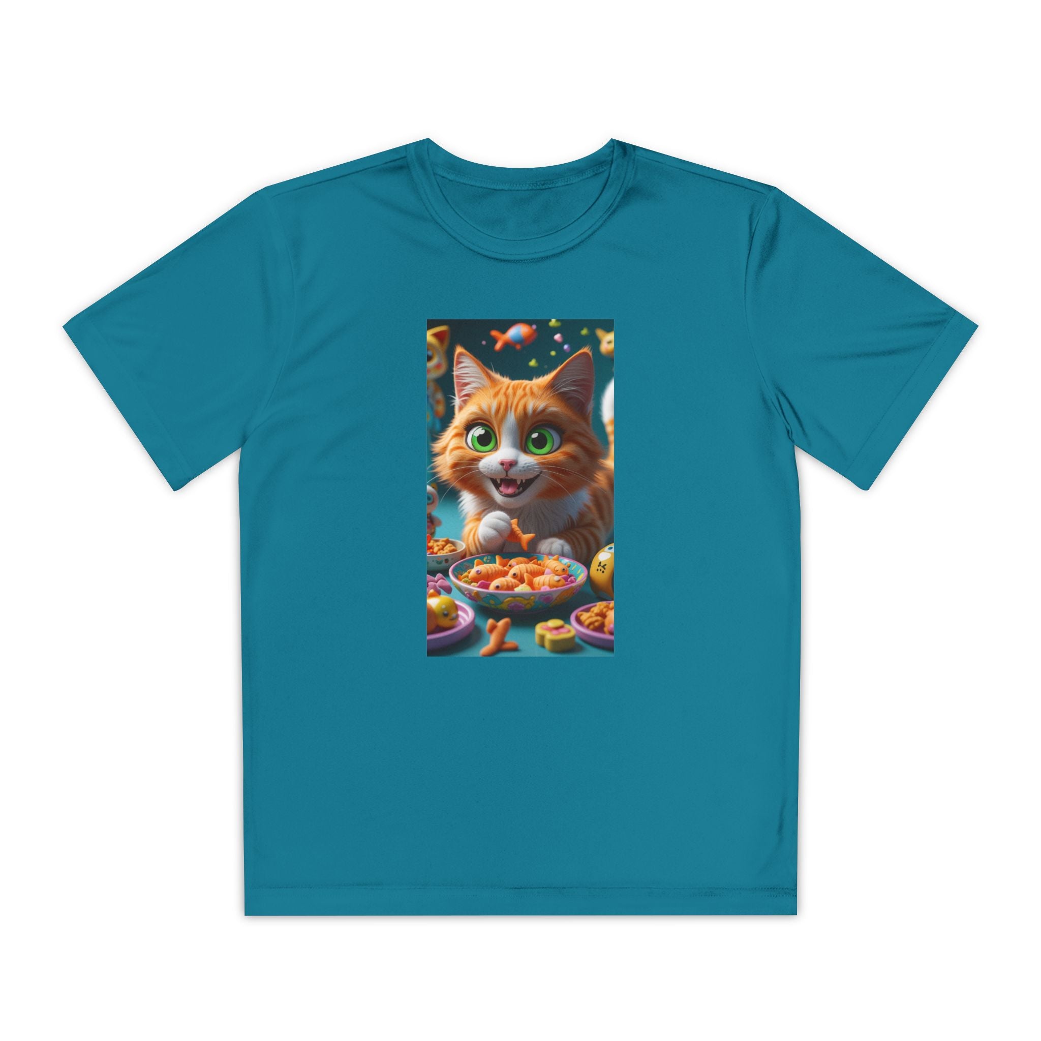 Youth Competitor Tee - Cat eating goldfish crackers, Kids T-shirt, Children's shirt, Funny animal graphic tee, Cat lover gift, Kids fashion