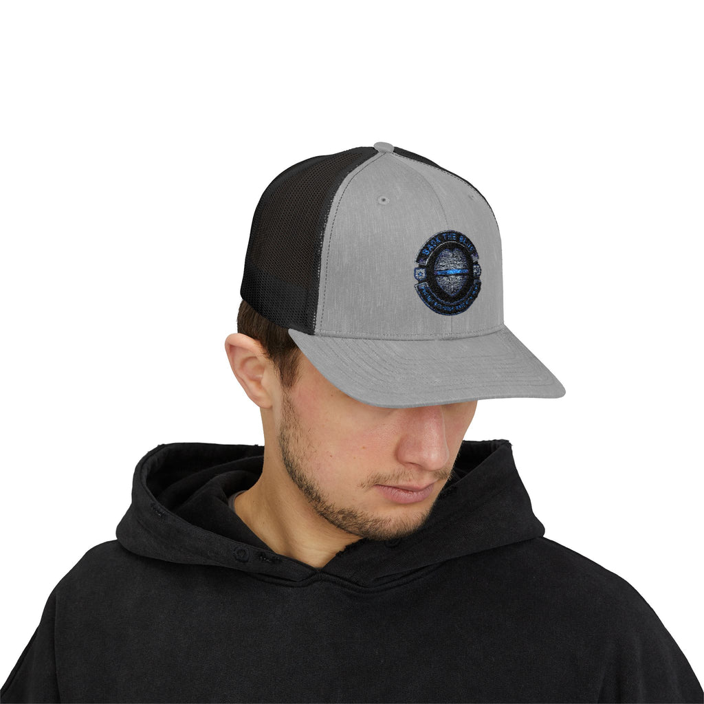 Back The Blue Snapback Trucker Cap with Thin Red Line Design, Ideal for First Responders, Supportive Gifts, Memorials, Everyday Wear