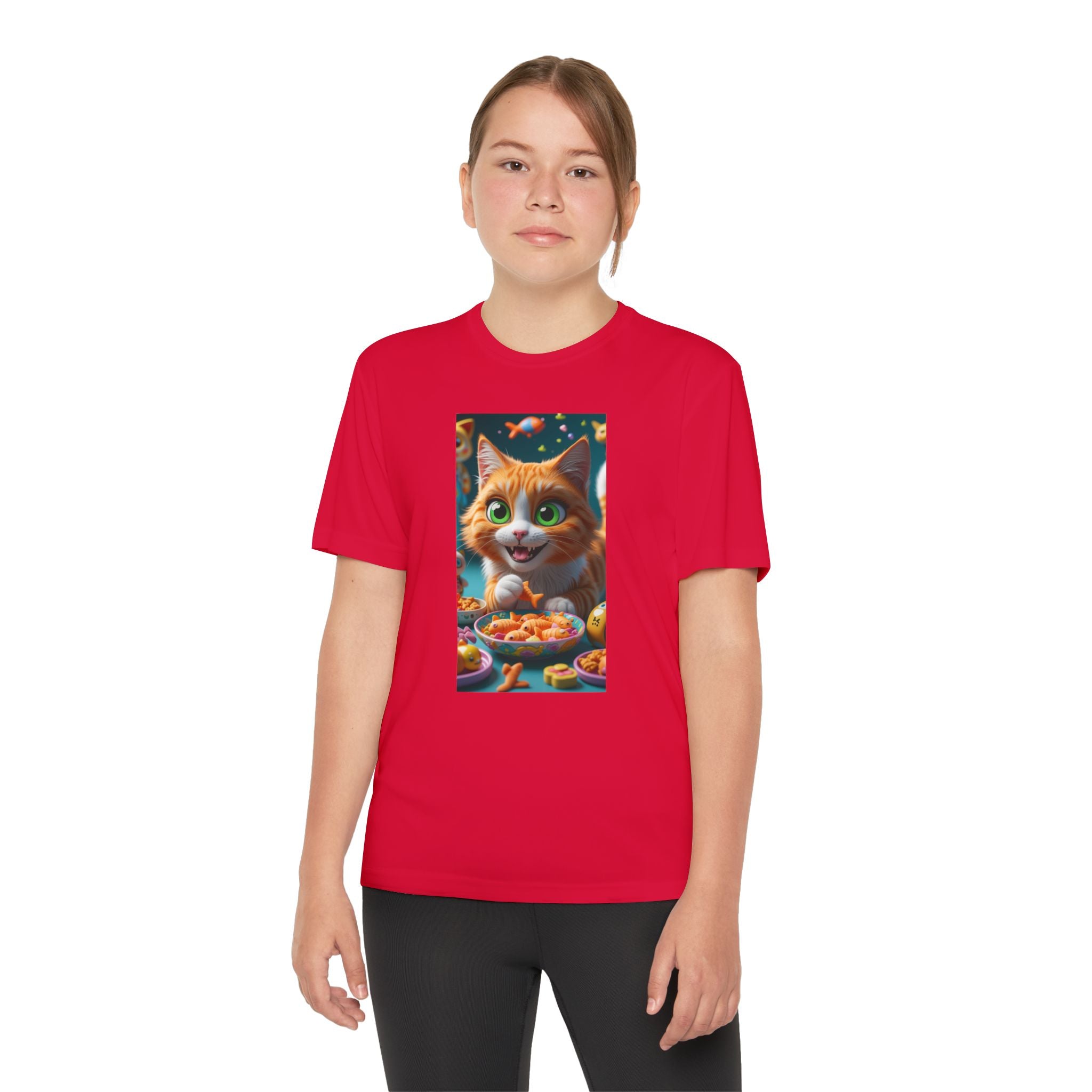 Youth Competitor Tee - Cat eating goldfish crackers, Kids T-shirt, Children's shirt, Funny animal graphic tee, Cat lover gift, Kids fashion