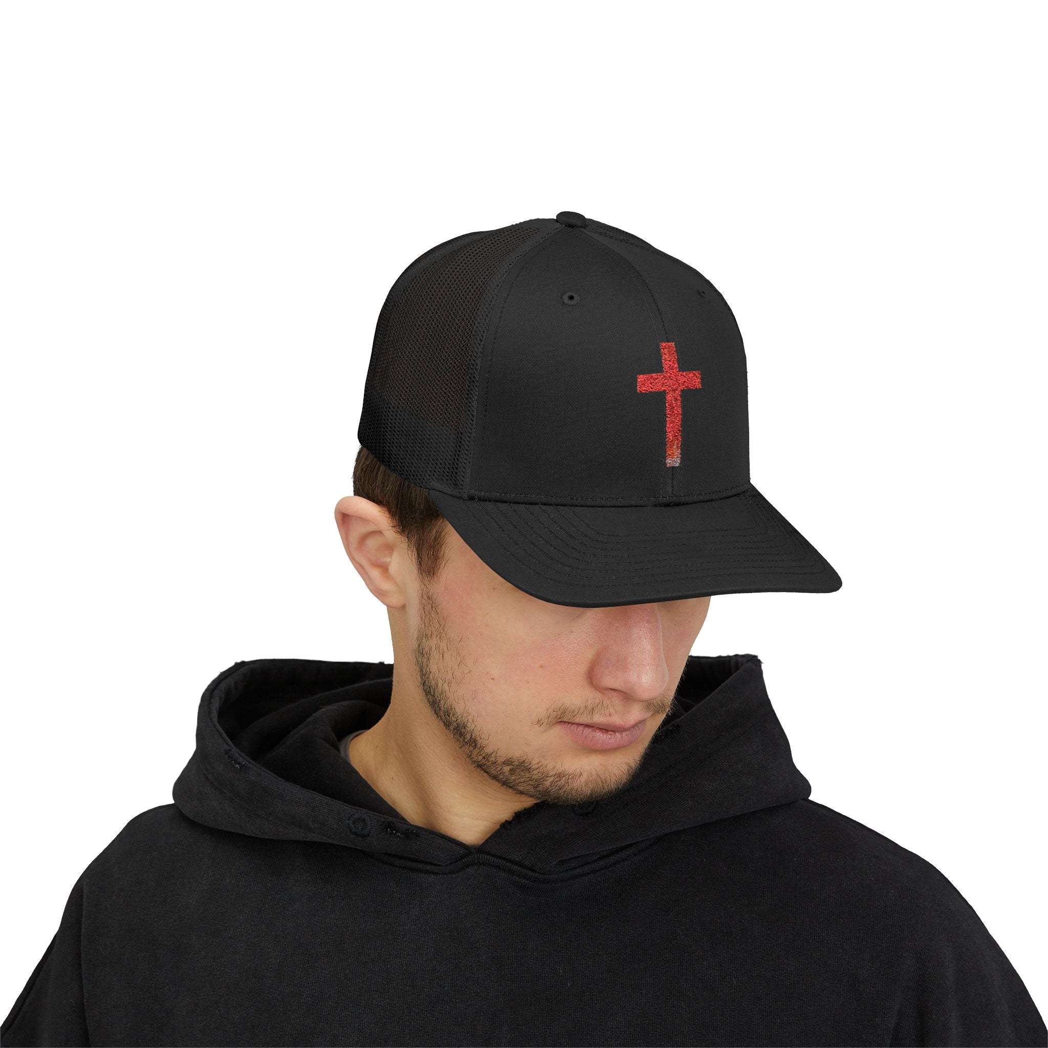 Holly Cross Snapback Trucker Cap with Thin Red Line Design, Ideal for First Responders, Supportive Gifts, Memorials, Everyday Wear
