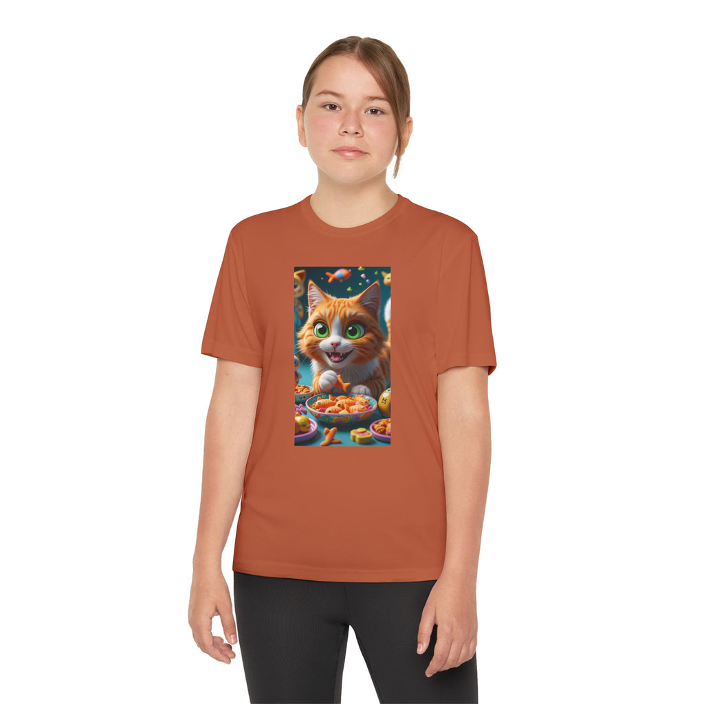 Youth Competitor Tee - Cat eating goldfish crackers, Kids T-shirt, Children's shirt, Funny animal graphic tee, Cat lover gift, Kids fashion