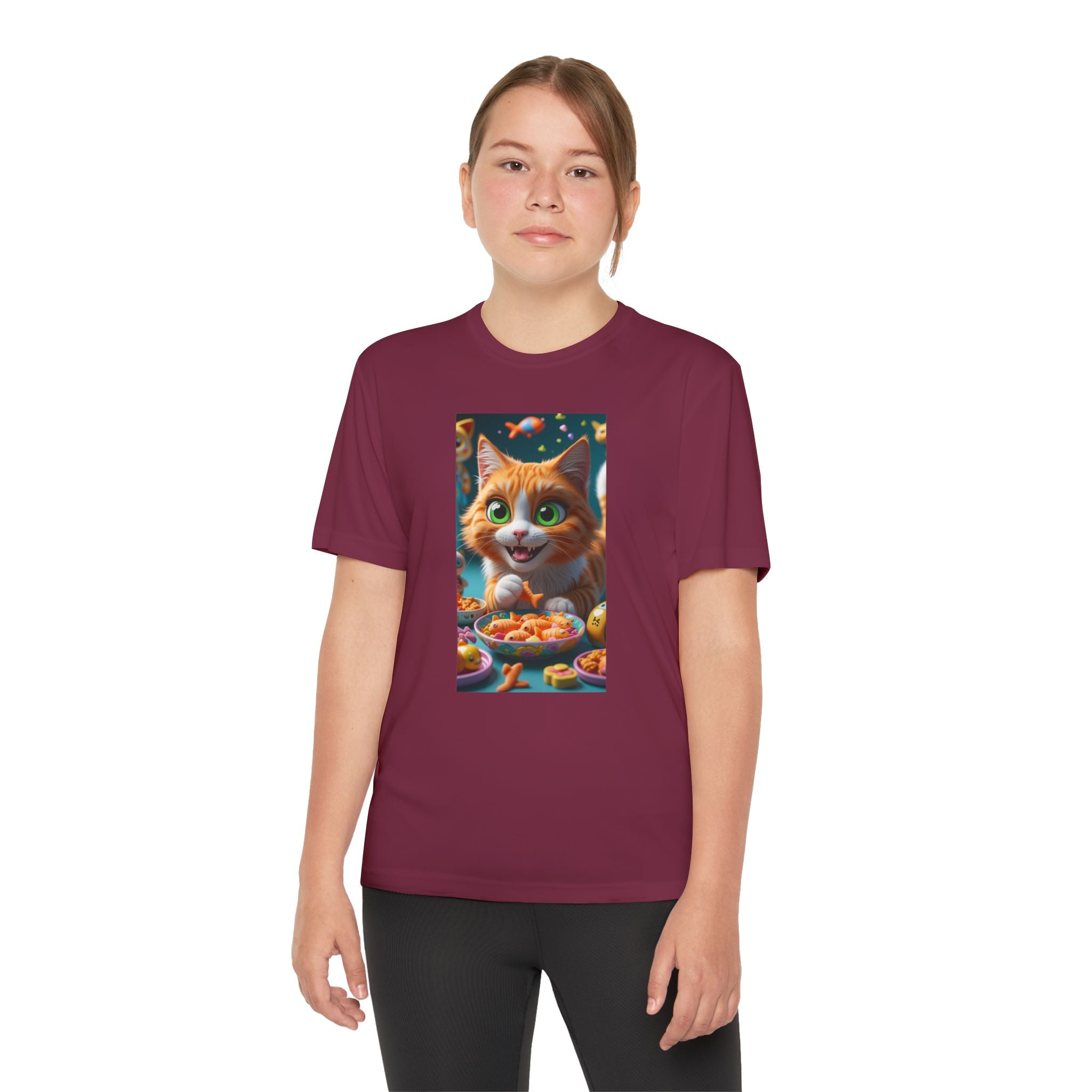 Youth Competitor Tee - Cat eating goldfish crackers, Kids T-shirt, Children's shirt, Funny animal graphic tee, Cat lover gift, Kids fashion