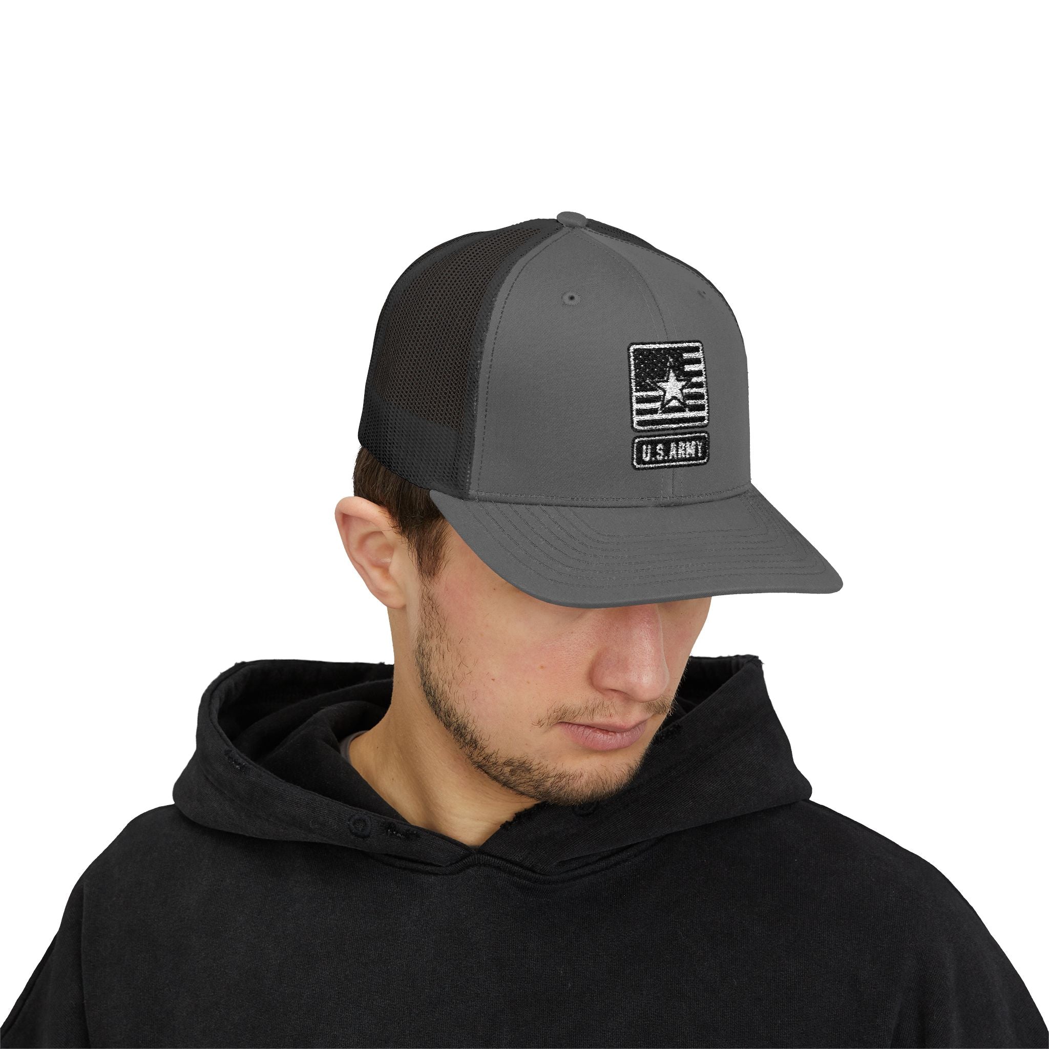 US Army Snapback Trucker Cap with Thin Red Line Design, Ideal for First Responders, Supportive Gifts, Memorials, Everyday Wear