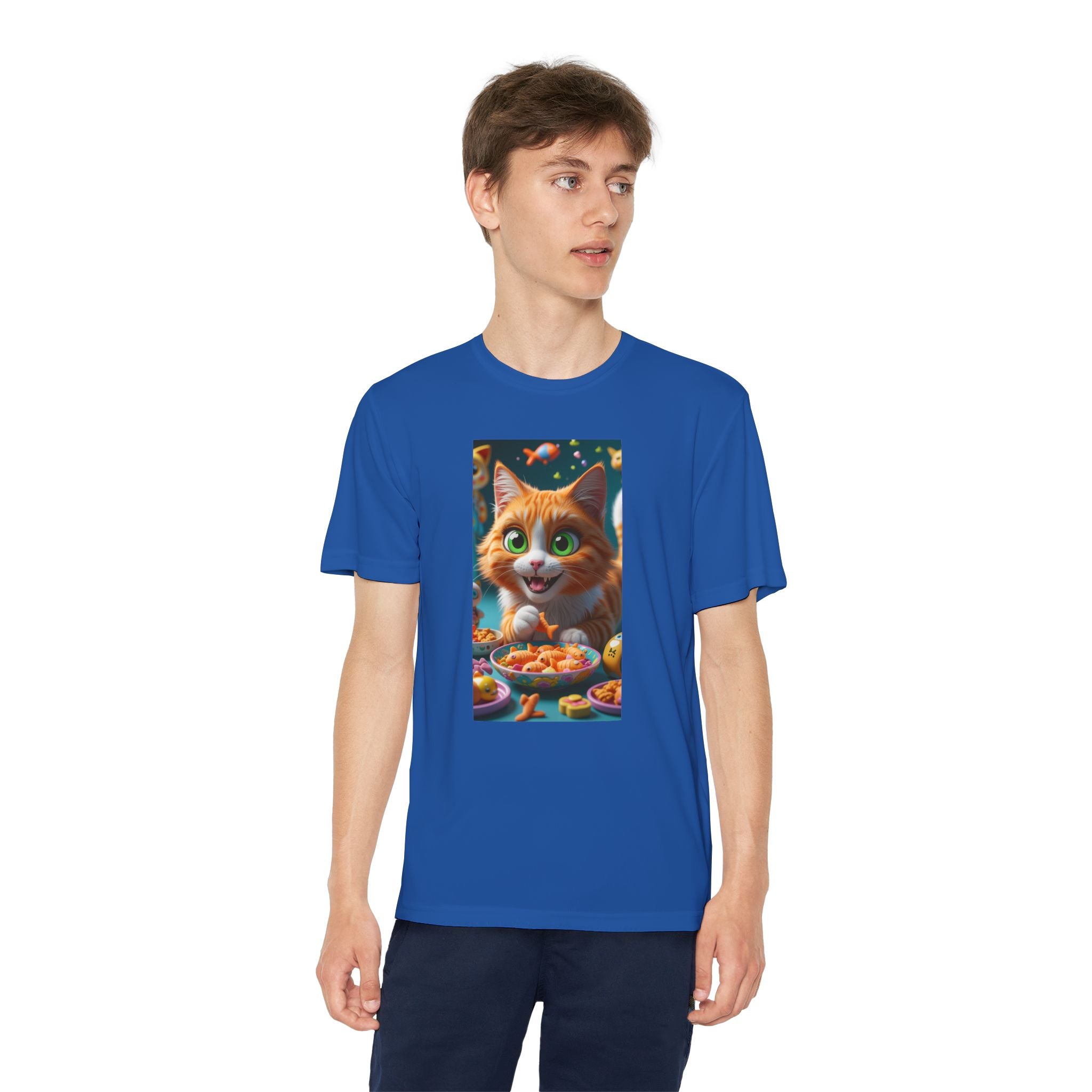 Youth Competitor Tee - Cat eating goldfish crackers, Kids T-shirt, Children's shirt, Funny animal graphic tee, Cat lover gift, Kids fashion