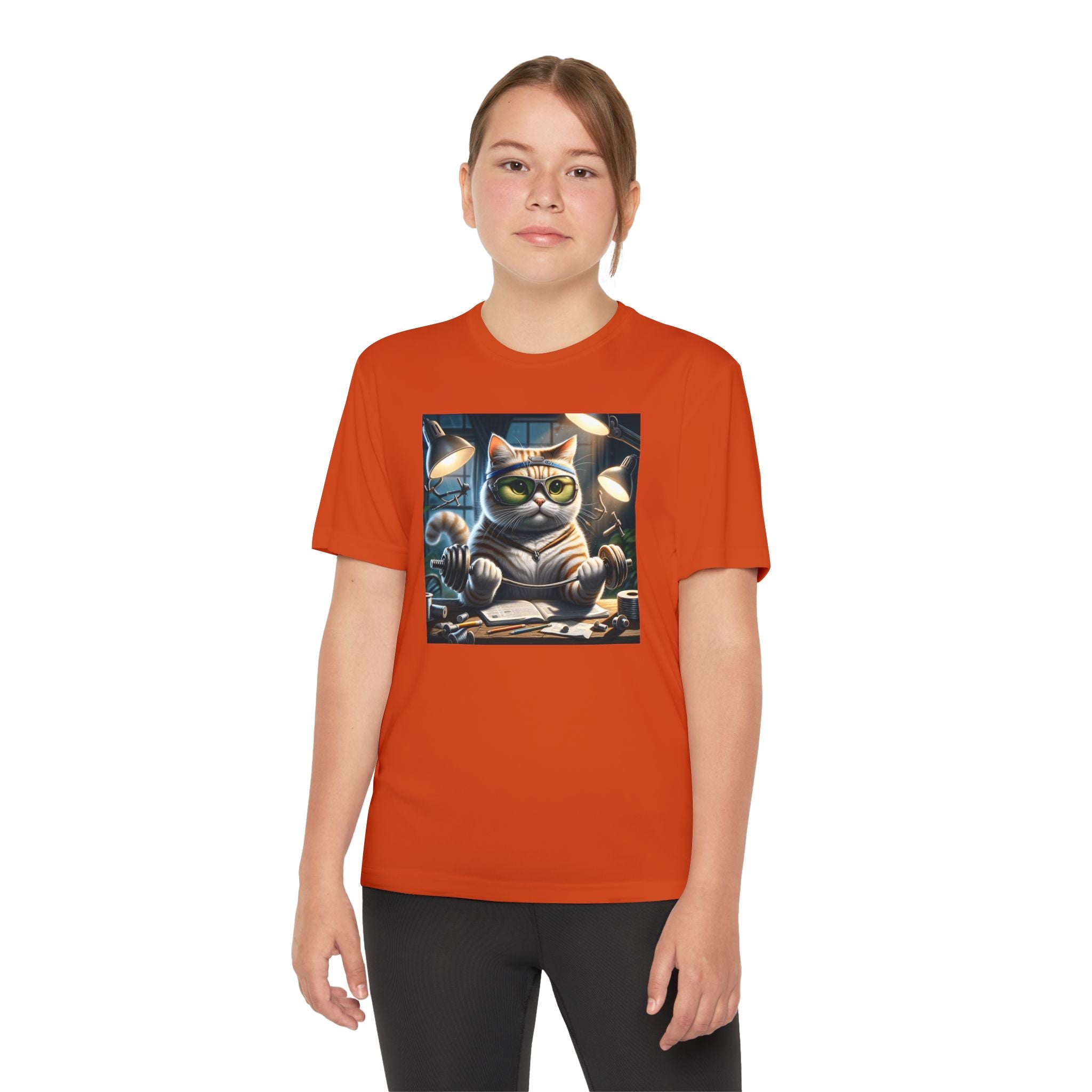 Workout Cat Youth Tee, Kids Fitness Shirt, Exercise Kitten T-Shirt, Gym Cat Top, Athletic Feline Clothing, Sporty Kitty Apparel