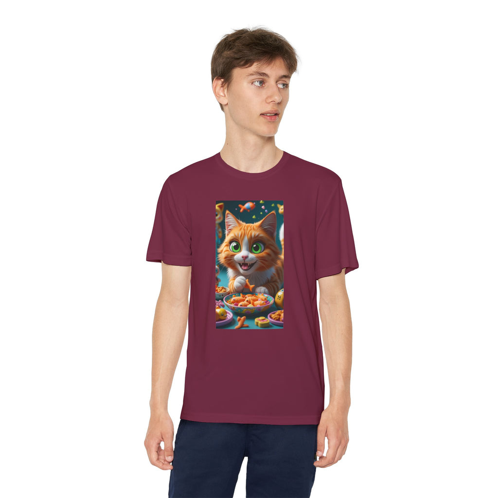 Youth Competitor Tee - Cat eating goldfish crackers, Kids T-shirt, Children's shirt, Funny animal graphic tee, Cat lover gift, Kids fashion