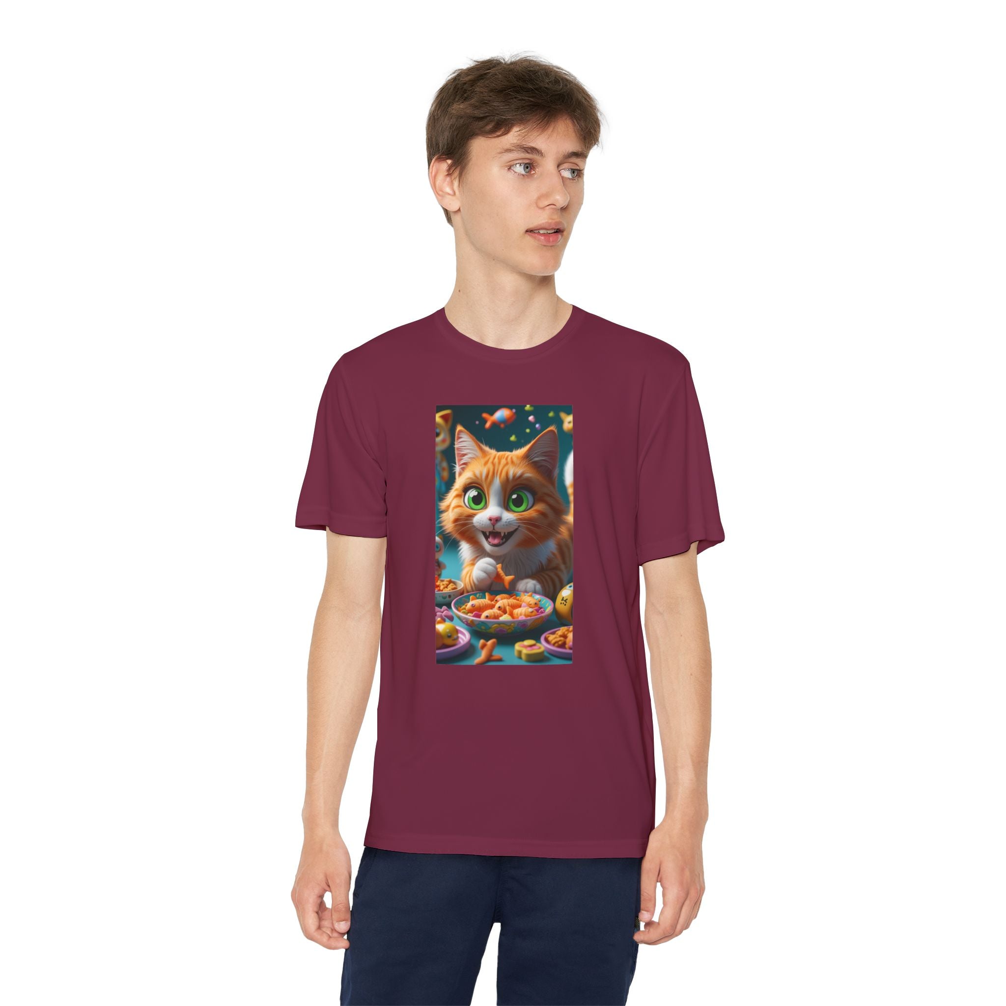 Youth Competitor Tee - Cat eating goldfish crackers, Kids T-shirt, Children's shirt, Funny animal graphic tee, Cat lover gift, Kids fashion
