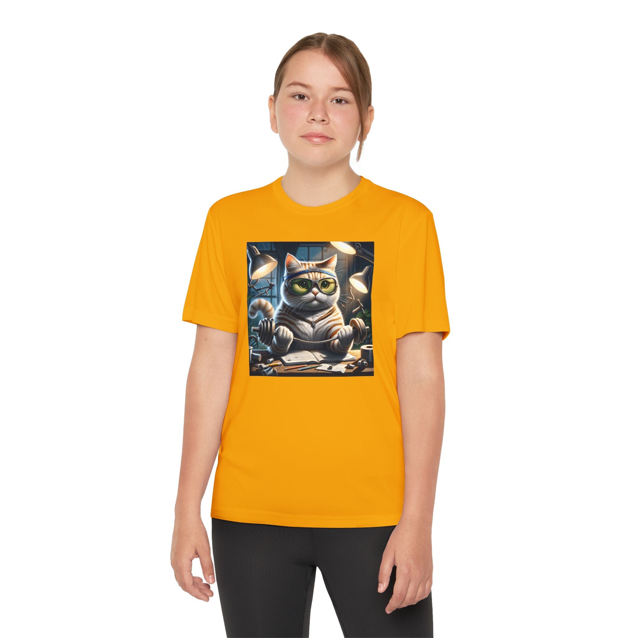 Workout Cat Youth Tee, Kids Fitness Shirt, Exercise Kitten T-Shirt, Gym Cat Top, Athletic Feline Clothing, Sporty Kitty Apparel